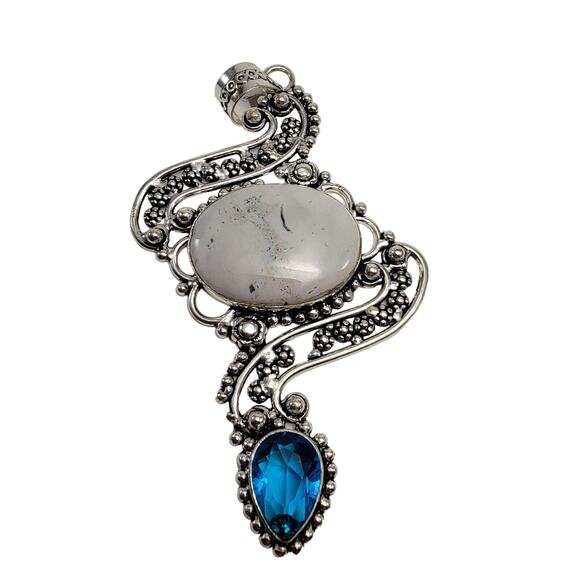 Dendritic Agate Sterling Silver Pendant Necklace with Faceted Blue Stone